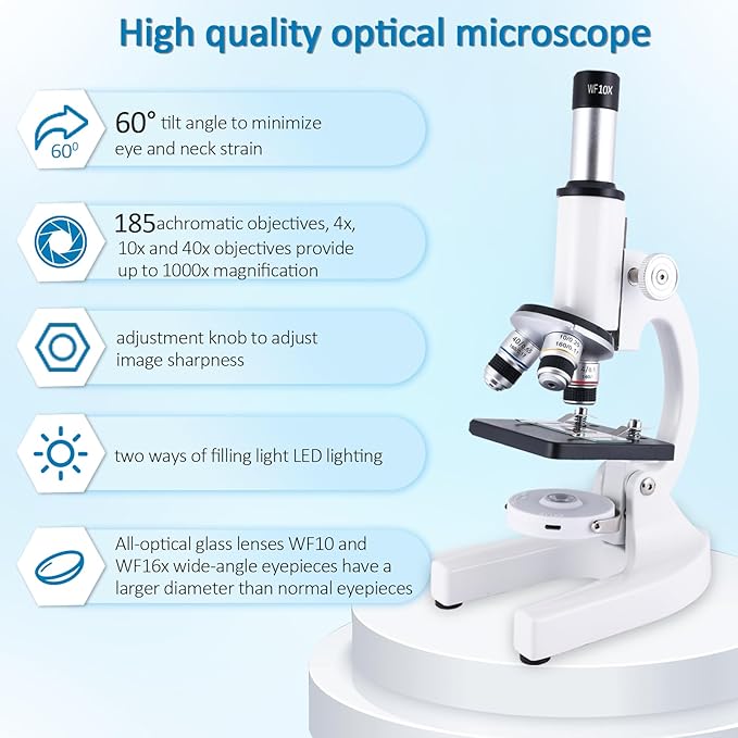Microscope for Kids，40X-2000X Mobile Phone Adapter with Microscope Slide Microscope kit for Home School Laboratories for Children Students