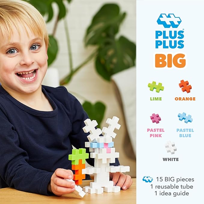 PLUS PLUS Big - 15 Piece Bunny Tube- Construction Building Stem/Steam Toy, Interlocking Large Puzzle Blocks for Toddlers and Preschool