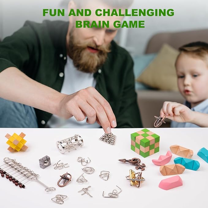 15pcs Brain Teaser Puzzles for Adults - Metal Puzzles 3D Puzzle Game Toys for Adults Teens - Wooden Unlock Interlocking Puzzle Adult IQ Education Smart Toys