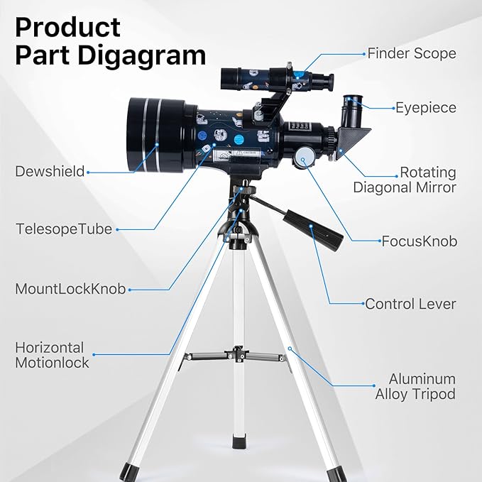 Telescope for Adults Astronomy, 70mm Aperture 300mm Focal Length Portable Astronomical Telescope for Beginners Age Over 8 Years Old with Wireless Remote Carry Bag Tripod, Space