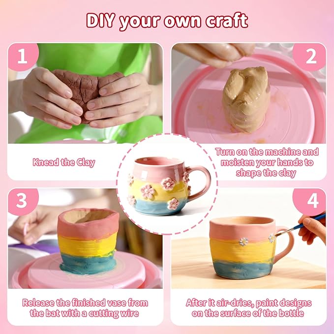 Unicorn Pottery Wheel for Kids – Arts & Crafts Kit for Kids Ages 6-12, Complete Pottery Art Supplies for Kid 9-12 with Air Dry Clay (6 Packs), Birthday, Christmas Gift for Kid Ages 6 7 8 9 10 11 12+