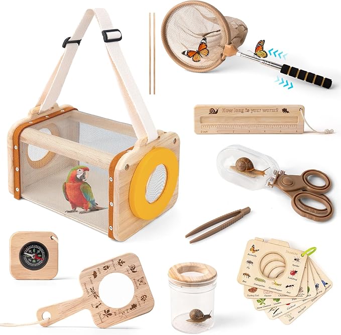 Bug Catcher for Kids, 10PCS Bug Catching Kit with Insect Cage, Butterfly Net, Magnifying Glass, Compass, Tweezers, ID Cards, Outdoor Explorer Kit Toys Bug Catcher Kit for Kids Boys and Girls Ages 3-12