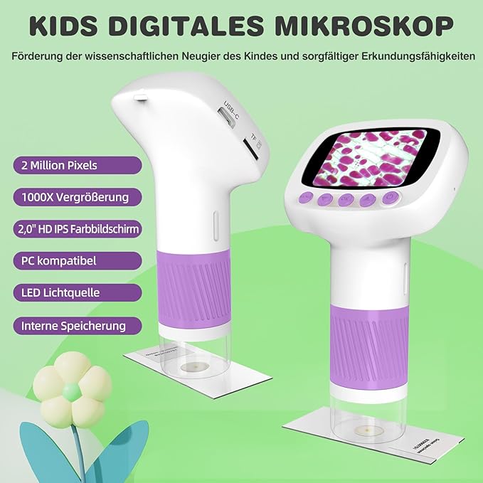 Pocket Kids Microscope for Over 3 Years Old, 1000X Handheld Microscope for Kids w/2''IPS Digital, Photo Video Mini Portable Microscopes, Science Edu Digiscope, Idea for Kids
