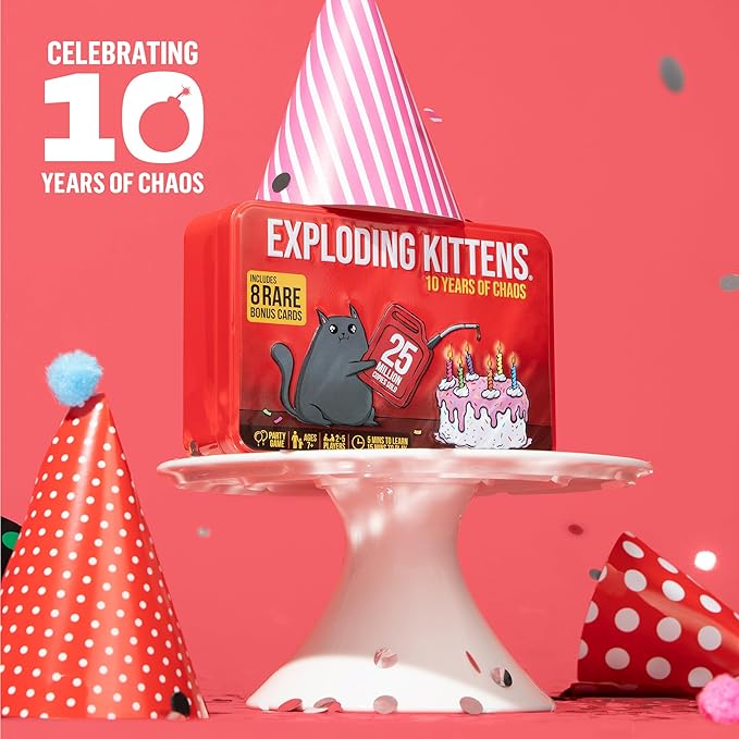 Exploding Kittens -10th Anniversary Collectible Tin (New Edition) – Updated with 8 Legacy Cards – Hilarious Fast-Paced Card Game for Adults and Kids, Travel Friendly, Ideal for Family Game Night
