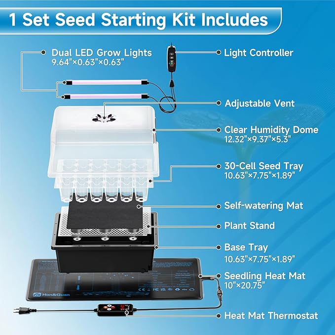 Hon&Guan 1 Pack Seed Starting Kit - 30 Cell Seed Starter Tray with Higher 5.3” Humidity Dome, LED Growing Lights and 10"x20.75" Seedling Heat Mat, Adjustable Vents - Germination & Plant Propagation