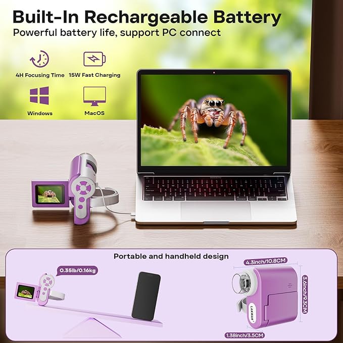 LAKWAR 1000X Handheld Digital Microscope for Kids: 4K 2.0" Screen Portable Digital Microscope for Kids 8-12 Home School Science Education (Purple)
