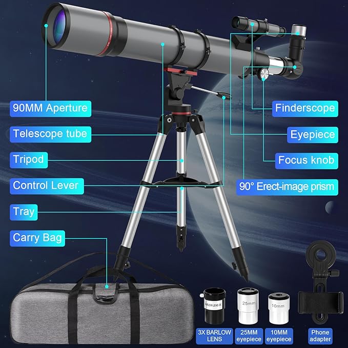 Telescope for Adults High Powered - Aurosports 90mm Aperture 800mm Refractor Telescope for Kids & Beginners Astronomy - Portable Telescope with Phone Adapter Tripod Carrying Bag