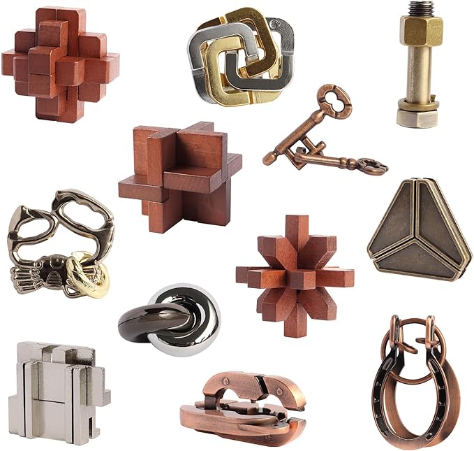 12pcs Puzzles Toys Wooden Metal Brain Teaser Puzzles Game for Adults Kids Desk Toy Lock Puzzles Gift for Teens