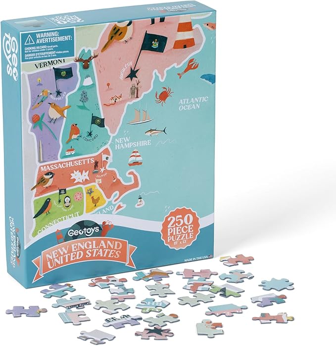 Geotoys New England Region Jigsaw Puzzle - 250 Piece Puzzles for 8 Year Olds - Jigsaw Puzzles for Kids Ages 8-12 Years Old - Kids Puzzle Games with Colorful Landmarks