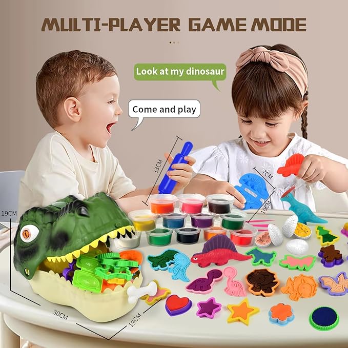 Dinosaur Toys Kids Dough Playset, 55PCS Dino Toys Kit with Molds & Clay, Make Dinosaurs or Create Your Own Models, Storage Case with Light & Sound, Gift for Boys & Girls Ages 3-8