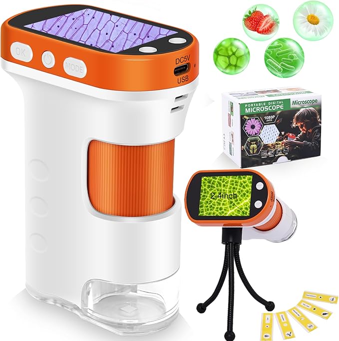 OZSTAR Microscope for Kids 1000x Magnification, 2.4-inch ScreenPocket Microscope with Photo and Video Recording (with Slide Kit) Portable Educational Gift