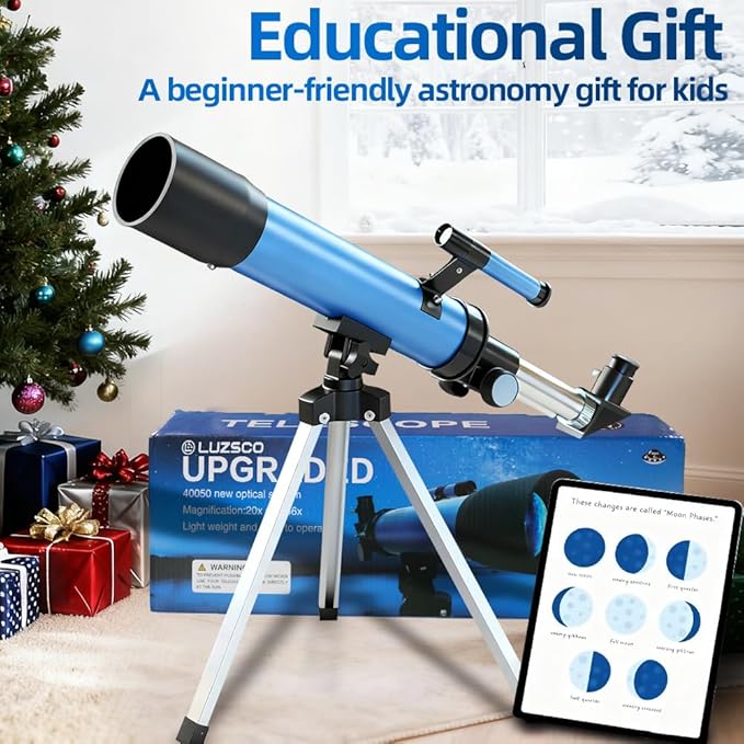 Telescope for Kids 50mm 100x Magnification Beginner Telescopio with Tripod, 2 Eyepieces & Finder Scope, STEM Educational Gift for Boys & Girls Ages 6-12, Portable Kids Telescope for Astronomy