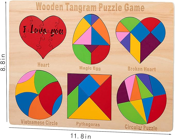 Wooden Blocks Puzzle Brain Teasers Toy 6 IN1Geometric Wooden Tangram Puzzle Game Geometry Jigsaw 3D Logic IQ Games STEM Montessori Educational Gift for Kids Adults