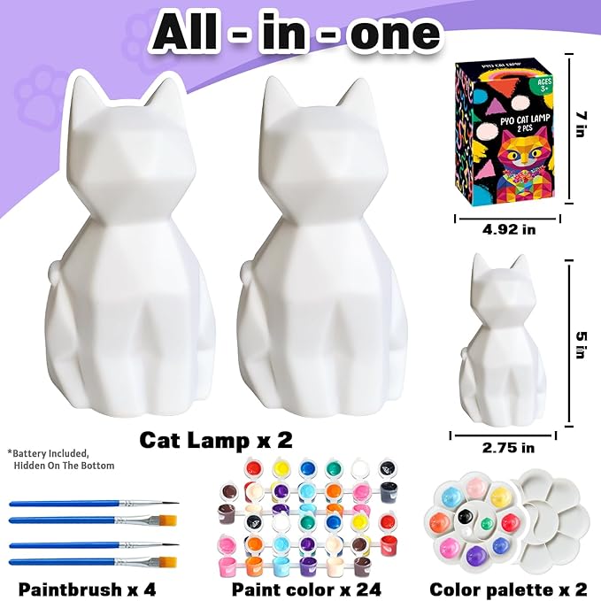 FUNZBO 2pcs Paint Your Own Cat Lamp - Arts and Crafts Supplies Kitten Painting Kits for Kids Teens, DIY Night Light Toy for Toddlers Girls Boys Ages 3 4 5 6 7 8 9 10 11 12 13 Christmas Birthday Gifts