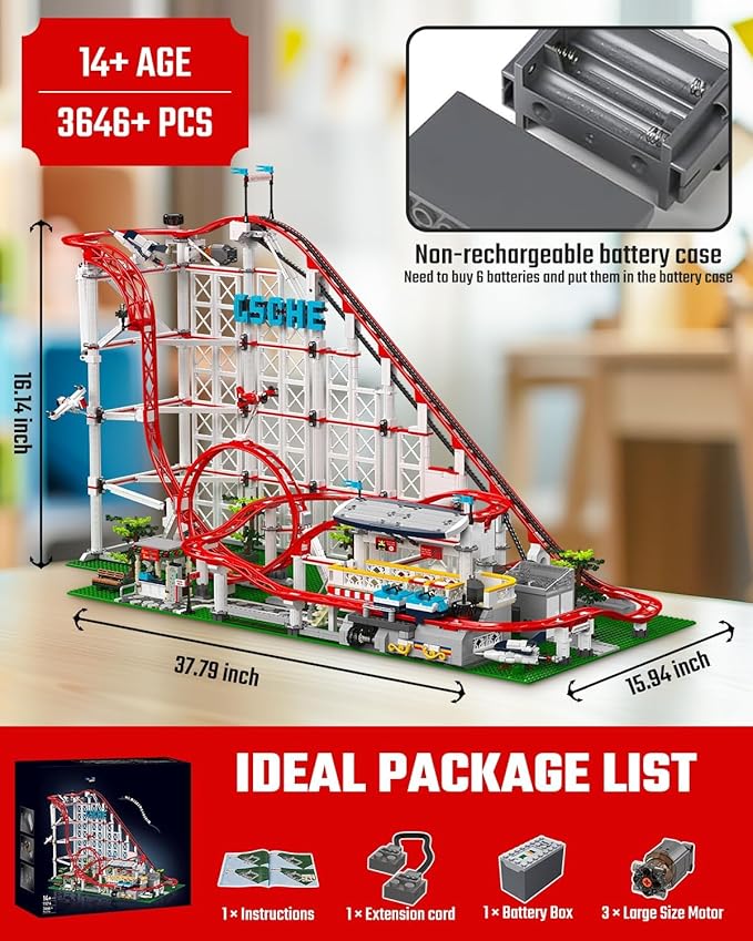 Sosuy Roller-Coaster Building Set, Electric Motorized Train Station, Amusement Park Toy for Boy Girl Teen, Easter Birthday Gifts for Adult Kid Ages 6 7 8 9+, City Construction Theme Collection 3646pcs