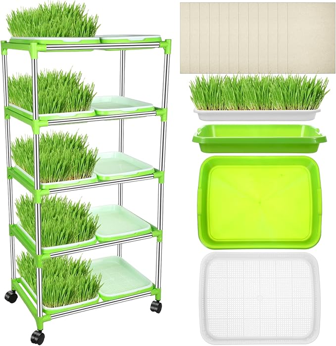 Menkxi 5 Layers Seed Sprout Tray Shelf Microgreens Growing Kit 10 Pcs Healthy Wheatgrass Seeds Grower with Drain Holes and 60 Sheets Germinating Paper for Garden Home Office