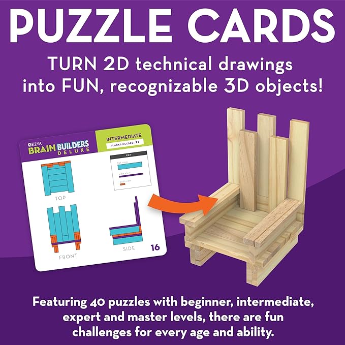 MindWare Keva Brain Builders Deluxe: STEM Building Toy Includes 75 KEVA Planks, 40 Puzzle Cards, 8 Design Cards, 3D Building Skills for Kids - Ages 7+