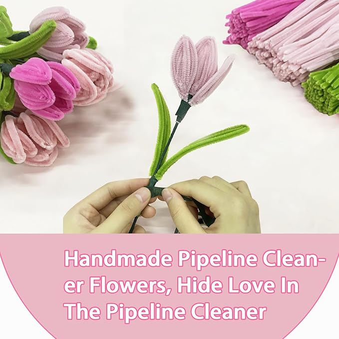 LOLEDE Pipe Cleaners Craft Flowers Kit 400 Pcs, 400 Pcs 3 Colors 11.8inch Fuzzy Pipe Cleaners Bulk, Chenille Stems for DIY Flower Making Kit Crafts, Floral Stems & Tape & Ribbon Pearls(Pink)