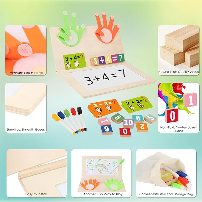 Number Blocks Toys for Kids Wooden Montessori Toys for 3 4 Years Old Boy Girl Toddler Fingers Arithmetic Educational Math Manipulatives with Whiteboard 5-7 Preschool Learning Activities Counting Game