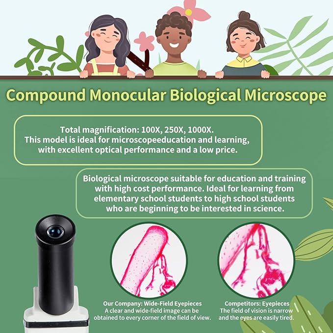 MAXLAPTER Microscope Kit for Kids 8-12 with Prepared Slides, 100-1000X Professional Compound Microscope for Kids Students with Mechanical Stage, Optical Glass Lenses, 10 Slides, Filter, Phone Adapter