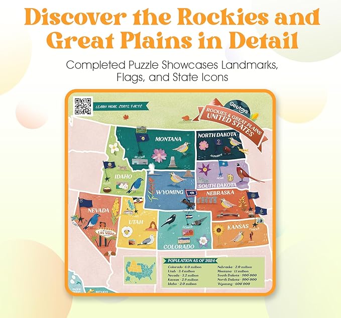 Geotoys Rockies & Great Plains Region Jigsaw Puzzle - 250 Piece Puzzles for 8 Year Olds - Jigsaw Puzzles for Kids Ages 8-12 Years Old - Kids Puzzle Games with Colorful Landmarks