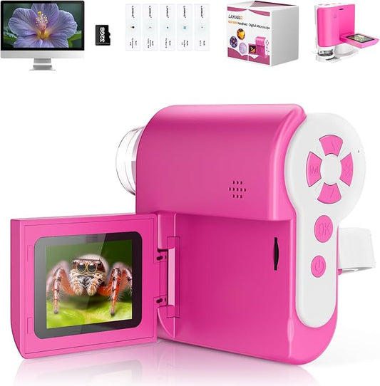 LAKWAR 1000X Handheld Digital Microscope for Kids: 4K 2.0" Screen Portable Digital Microscope for Kids 8-12 Home School Science Education (Pink)