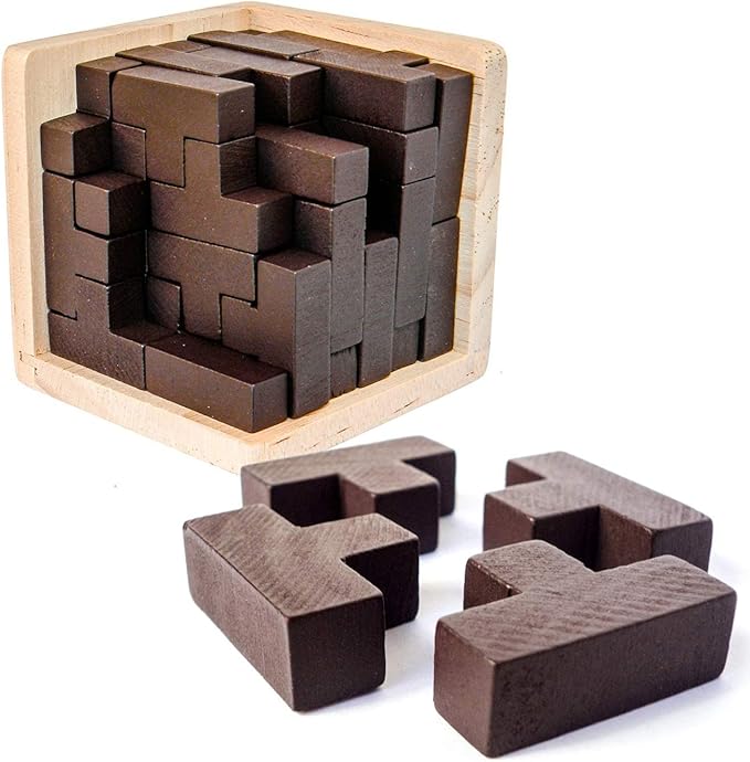 Wooden Brain Teaser Puzzles Cube Stocking Stuffers Wooden Puzzles T-Shaped Jigsaw Logic Puzzle Educational Games Toy for Kids and Adults by AHYUAN (Coffee)