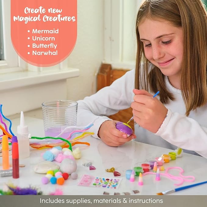 BRYTE Rock Painting Kit - Magical Creatures, Pink, 150+ Pieces - Waterproof Acrylic & Craft Paints, Brush - DIY Rock Art Kit with Art Supplies for Kids Ages 6-12