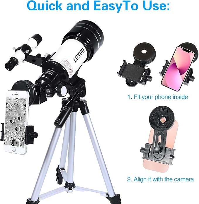 Telescope,70mm Telescope Refracting with Phone Adapter for Adults,Astronomy Beginners,with Multilayer Broadband Coating,Adjustable Tripod and Finderscope