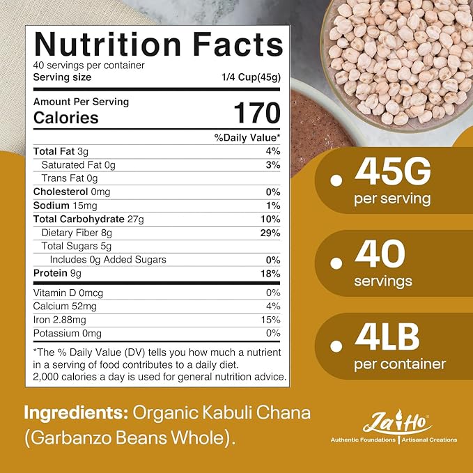 Jai Ho Certified Organic Kabuli Chana Garbanzo Beans 4 lb | Chickpeas Lentils | Indian Kabuli Chole Chana | USDA Organic | Non-GMO | Chemical-Free | Premium Quality Kosher (4 Pound, Kabuli Chana)