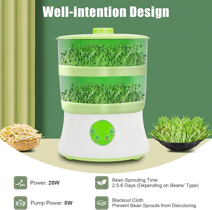 Bean Sprouts Machine, 2-Layer Automatic Sprout Grower with 3 Seasonal Modes, Seed Sprouter Kits for 6-8 People, Suitable for Mung Bean, Soybean, Radish, Alfalfa, Wheatgrass, Broccoli Sprouts