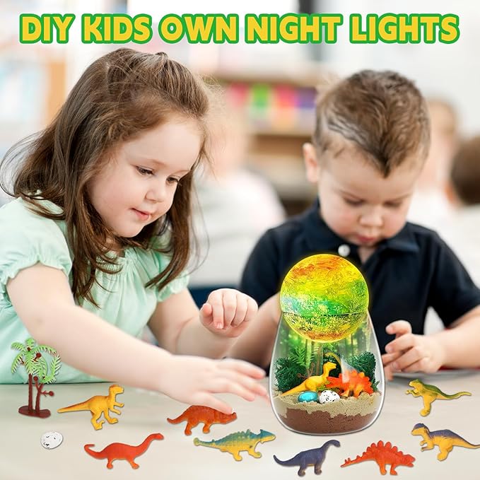 SCWGTPJ Dinosaur Gifts for Boys-Dinosaur Terrarium Crafts Kit, Birthday Gift for Kids Boys,Arts and Craft, DIY Moon Lamp LED Night Light Christmas Gifts