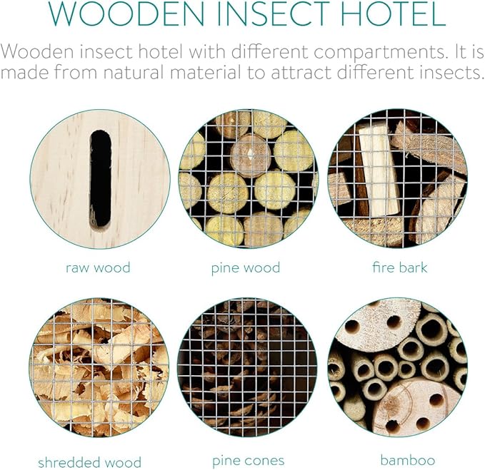Navaris M Wooden Insect Hotel - 10 x 11 x 3 Inches - Natural Wood Insect Home Bamboo Nesting Habitat - Garden Shelter for Bees, Butterflies, Ladybugs