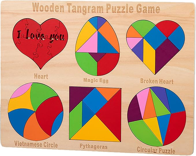 Wooden Blocks Puzzle Brain Teasers Toy 6 IN1Geometric Wooden Tangram Puzzle Game Geometry Jigsaw 3D Logic IQ Games STEM Montessori Educational Gift for Kids Adults