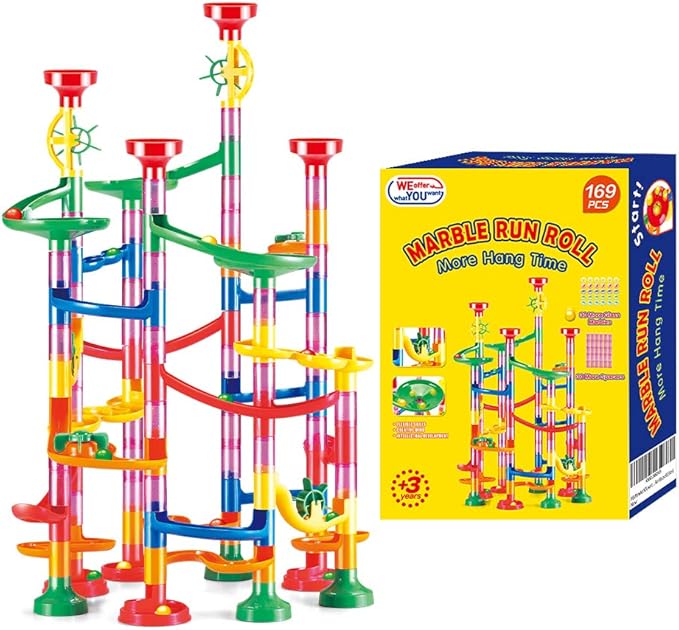 WEofferwhatYOUwant Marble Run Set – 169 Piece STEM Track Building Toy for Kids Ages 3+ with Glass & Color Marbles, Pink Connectors, Instruction Sheet | Creative Maze Tower Game for Learning & Fun