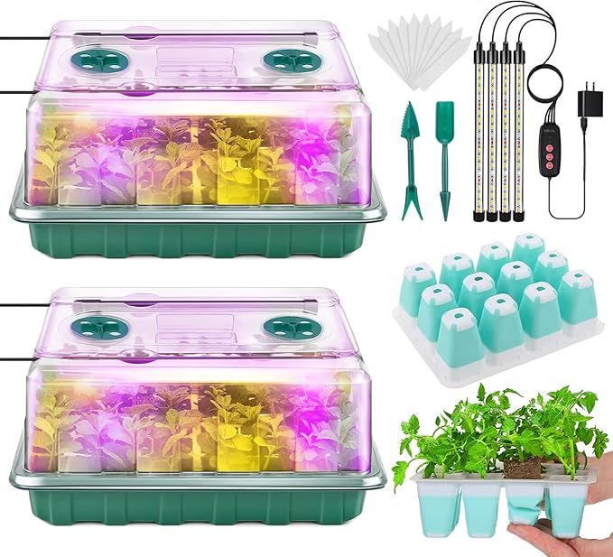 Seed Starter Tray with Grow Light, Flexible Silicone Seedling Starter Kit, 48-Cell Seed Growing Tray, Seed Starting Trays Plant Starter Kit, Reusable Indoor Gardening Plant Germination Trays (2)