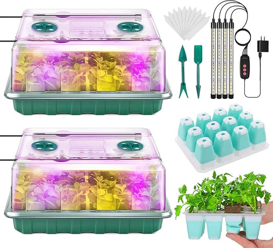 Seed Starter Tray with Grow Light, Flexible Silicone Seedling Starter Kit, 48-Cell Seed Growing Tray, Seed Starting Trays Plant Starter Kit, Reusable Indoor Gardening Plant Germination Trays (2)