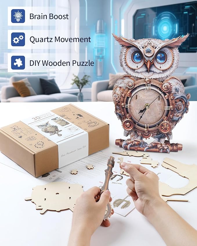 3D Wooden Puzzles for Adults, 3D Puzzle Owl Clock Kit (with Pendulum), Mechanical Owl 3D Puzzles for Adults Home Decor DIY Clock Puzzle Gifts for Women Men