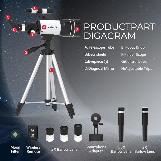 Telescope for Beginners, 70mm Aperture Refractor Astronomy Telescope with 300mm Focal Length, 15X-150X Magnification, Tripod, Phone Adapter, Wireless Remote