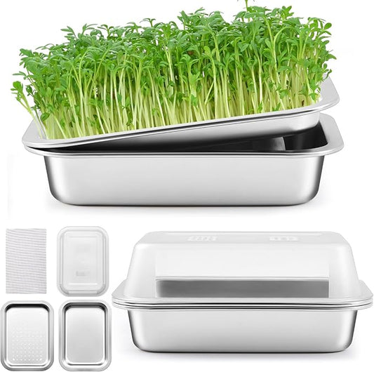 1 Pack Seed Sprouting Kit with Lid, 10.4 Inch Stainless Steel Soilless Culture Germination Tray, Microgreens Growing Kit, Encrypted Mesh Seed Starter Tray for Beans Alfalfa Broccoli Wheat Grass