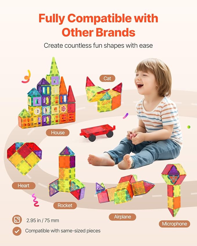 VEVOR Magnetic Tiles, 181 PCS Magnetic Blocks for Kids, Magnet Building Set with Car Bases/Ferris Wheel/Letter & Digital Cards, STEM Construction Stacking Toys for Toddlers Boys Girls Aged 3 Years
