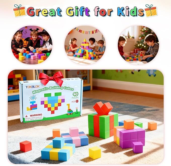 40PCS Magnetic Blocks for Kids Ages 3-8 - STEM Educational Building Toys, Classroom Must Have Magnet Toys for 3 4 5 6 Year Old Boys & Girls, Rainbow Color Magnetic Cubes for Toddlers