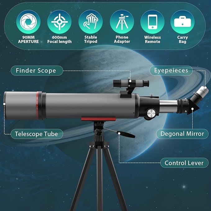 Telescope for Adults High Powered - Portable Astronomy Telescope for Kids & Beginners - 90mm Aperture 600mm Refractor Profesional Telescopes with Phone Adapter Tripod Carry Bag