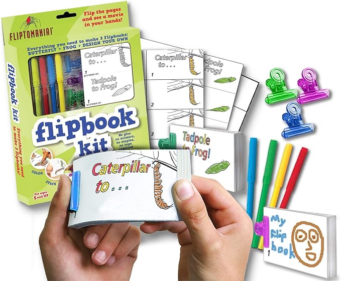 Fliptomania Bundle of 3 Flipbook Kits for Kids - Frog and Butterfly, Mona Lisa and Dancer, Basketball and Soccer - Save 15%