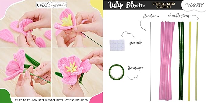 WeVeel Cozy Craftworks Chenille Stem Flower Craft Kit for Adults – Create 6 Colorful Blooms (Lily, Rose, Calla Lily, Tulip, Gerbera & Daisy) – Relaxing DIY Arts & Crafts Kit with All Supplies