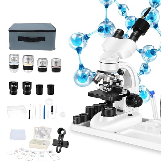 Compound Binocular Microscope, WF10x and WF25x Eyepieces,40X-2000X Magnification, LED Illumination Two-Layer Mechanical Stage…