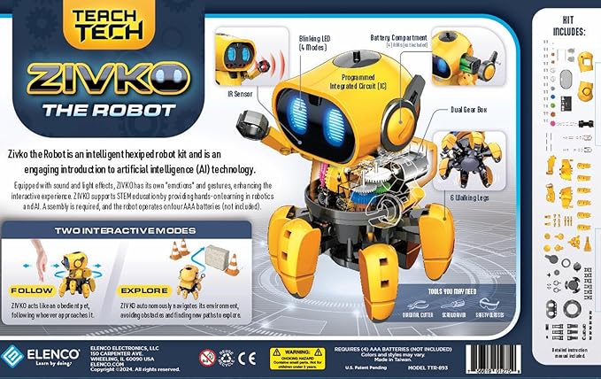 Elenco Teach Tech “Zivko The Robot”, Interactive A/I Capable Robot with Infrared Sensor, STEM Learning Toys for Kids 10+, includes Assembly Parts