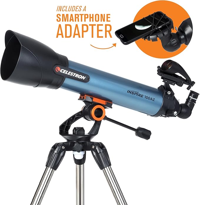 Celestron Inspire 100AZ Refractor Telescope with Built-in Smartphone Adapter, Blue
