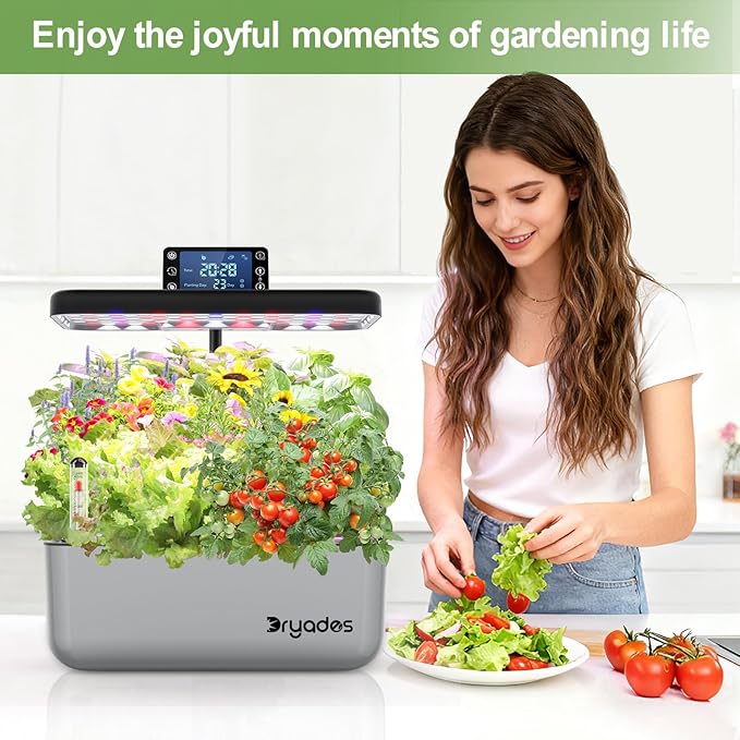 Hydroponic Growing System Kit with Operation Screen + 3 Free Seeds (Lettuce, Salad Mixed, Basil), 12 Pods Indoor Smart Gardening Herb Planter, 24W Full Spectrum LED Grow Light Growing System (Silver)