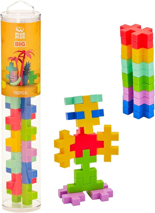 PLUS PLUS Big – 15 Piece Tropical Mix – Construction Building Stem/Steam Toy, Interlocking Large Puzzle Blocks for Toddlers and Preschool, Open Play Tube